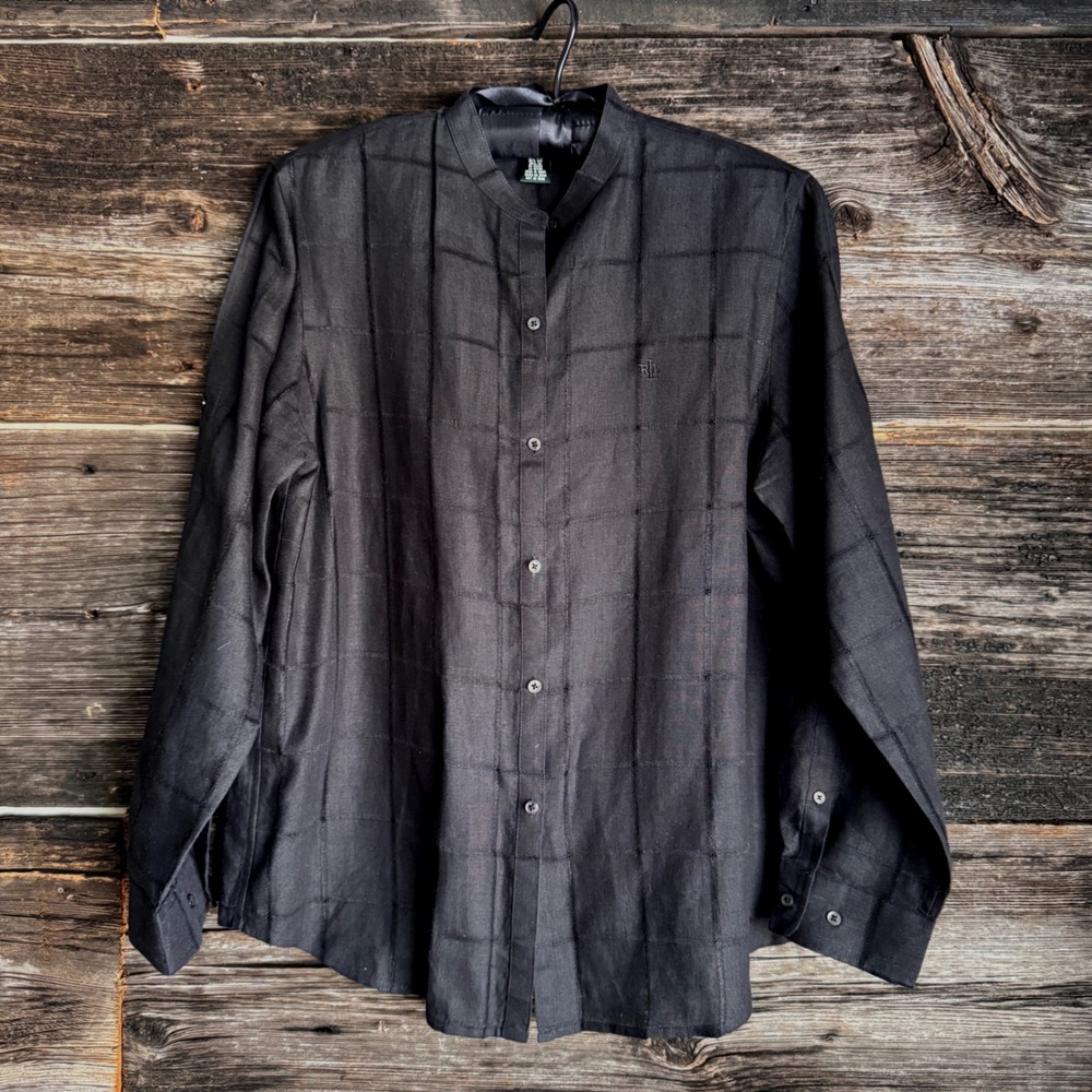 Lauren Ralph Lauren Linen Shirt Black Windowpane Roll Tab Sleeve